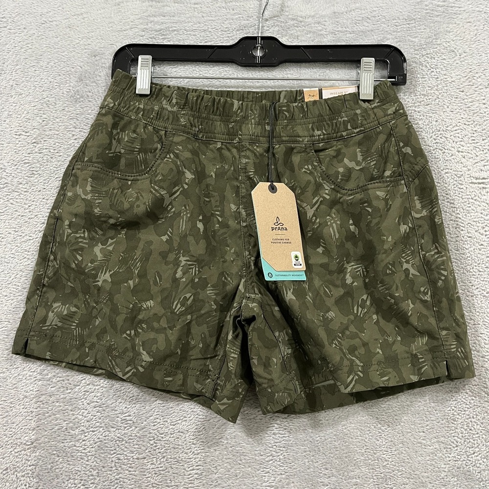 Prana Halle E-Waist II Shorts Women 2 Evergreen Camo Relaxed Performance UPF 50+